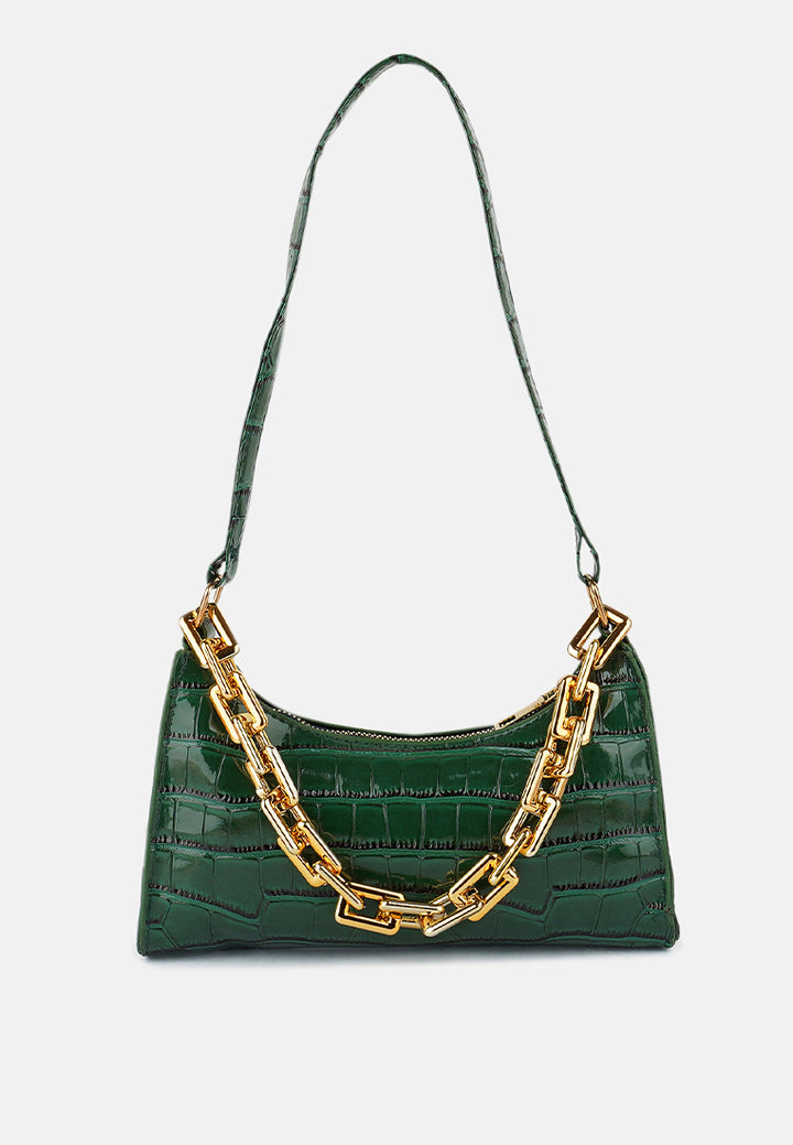 croc patten baguette bag#color_green