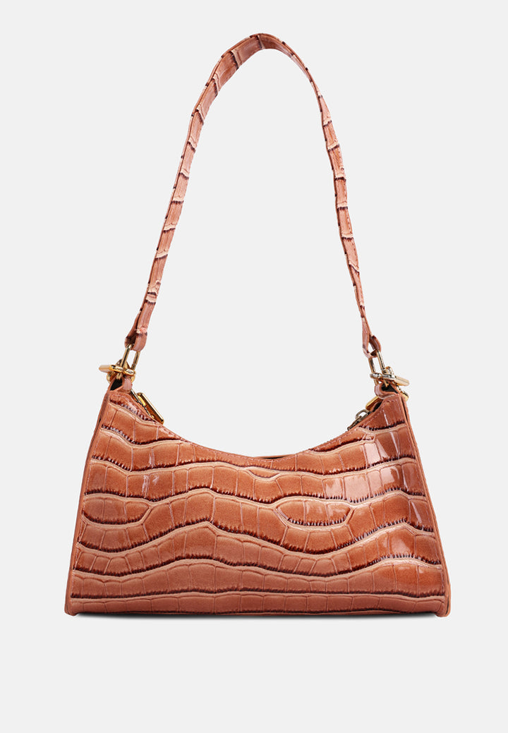 croc patten baguette bag#color_brown