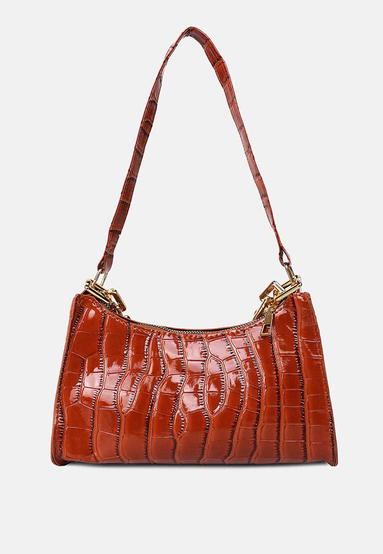 croc patten baguette bag#color_tan