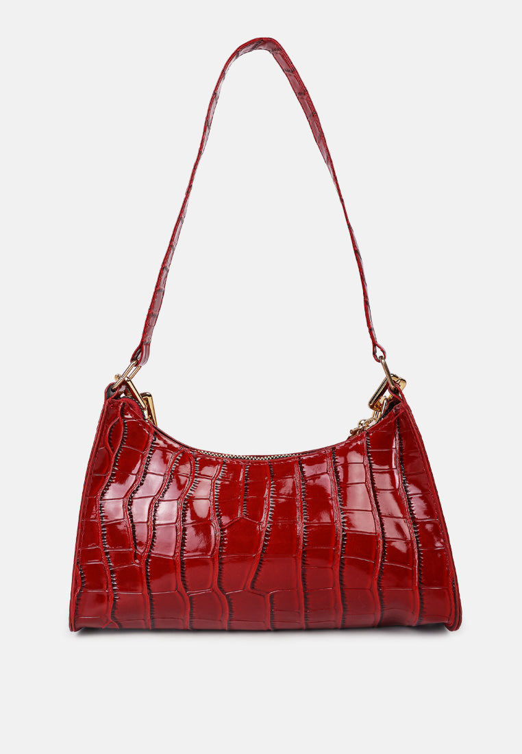 croc patten baguette bag#color_red