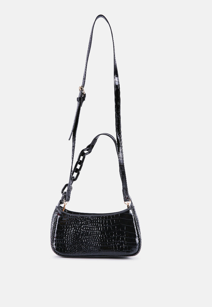 croc patterned baguette#color_black