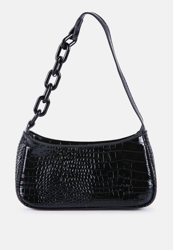 croc patterned baguette#color_black