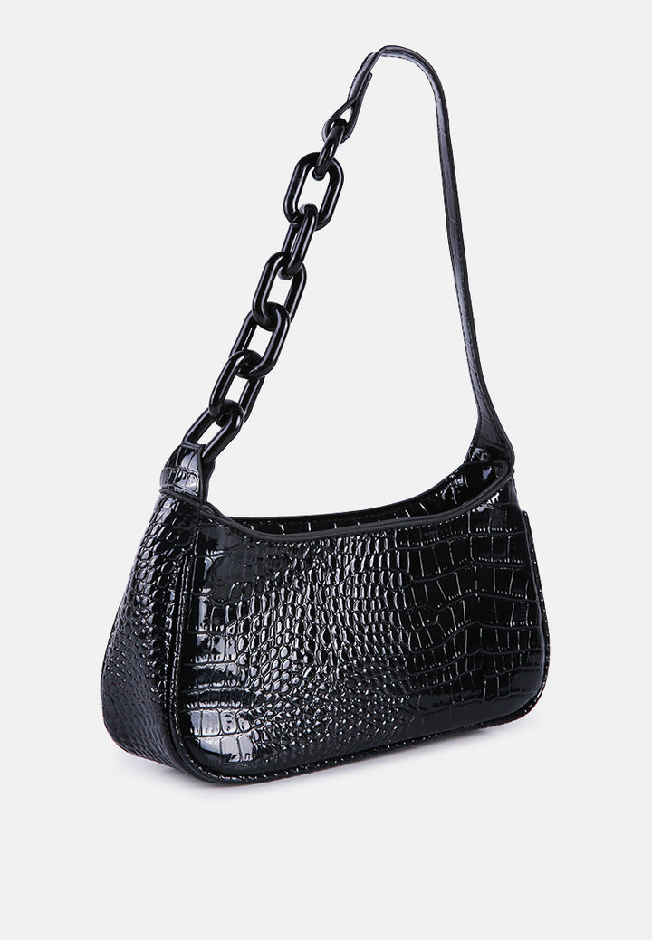 croc patterned baguette#color_black