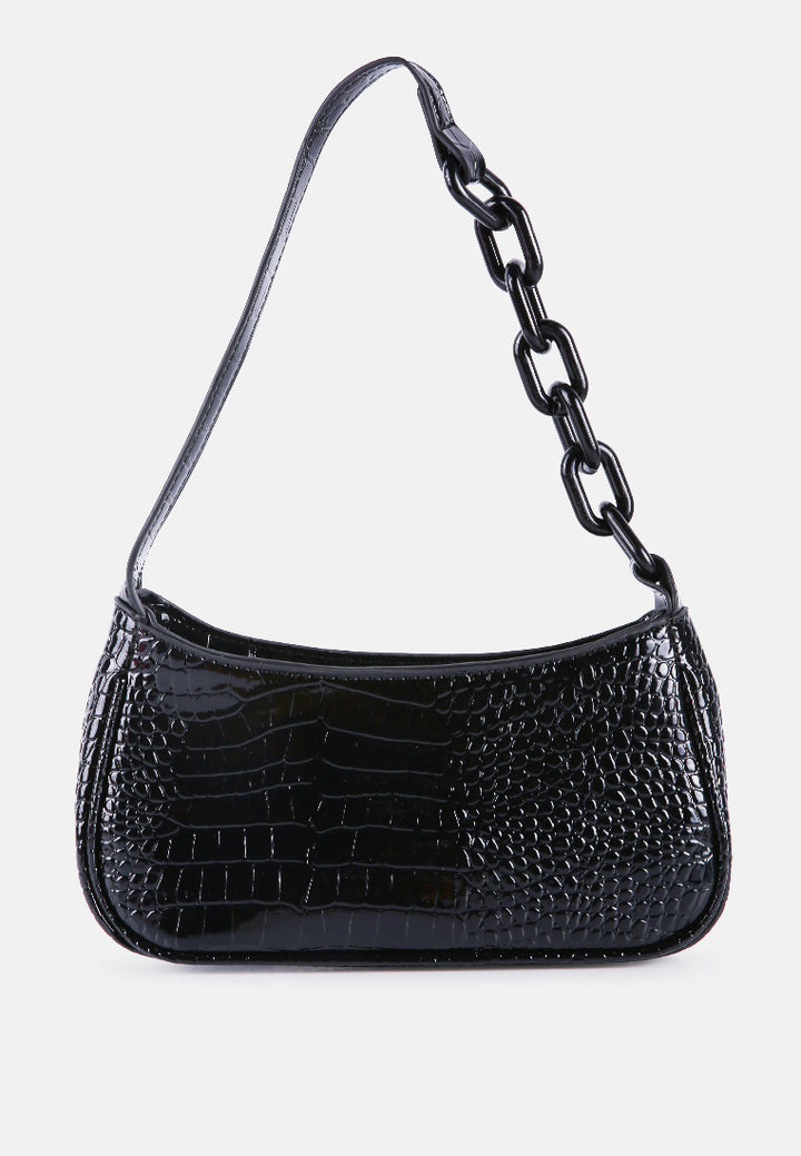 croc patterned baguette#color_black