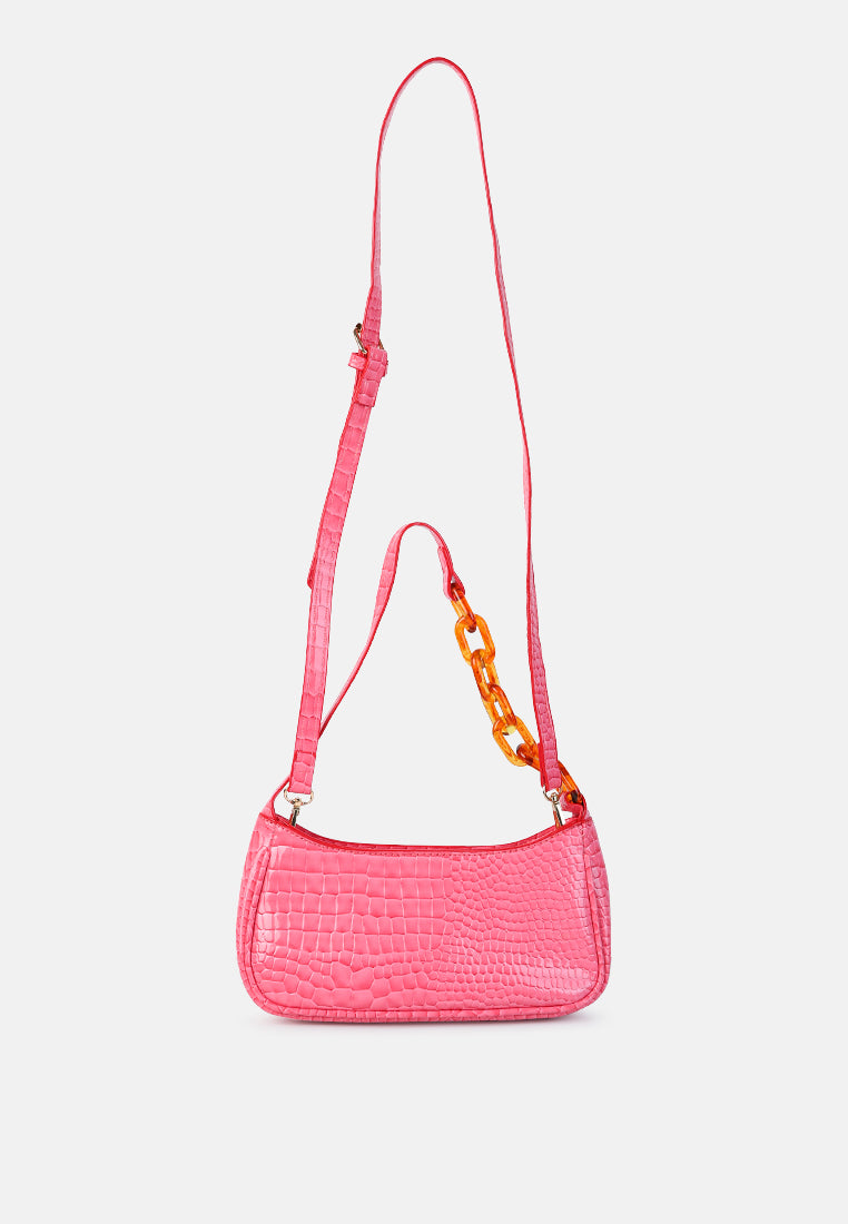 croc patterned baguette#color_pink