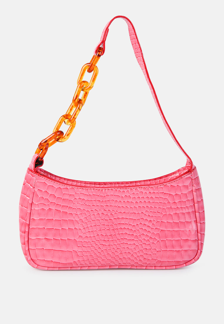 croc patterned baguette#color_pink