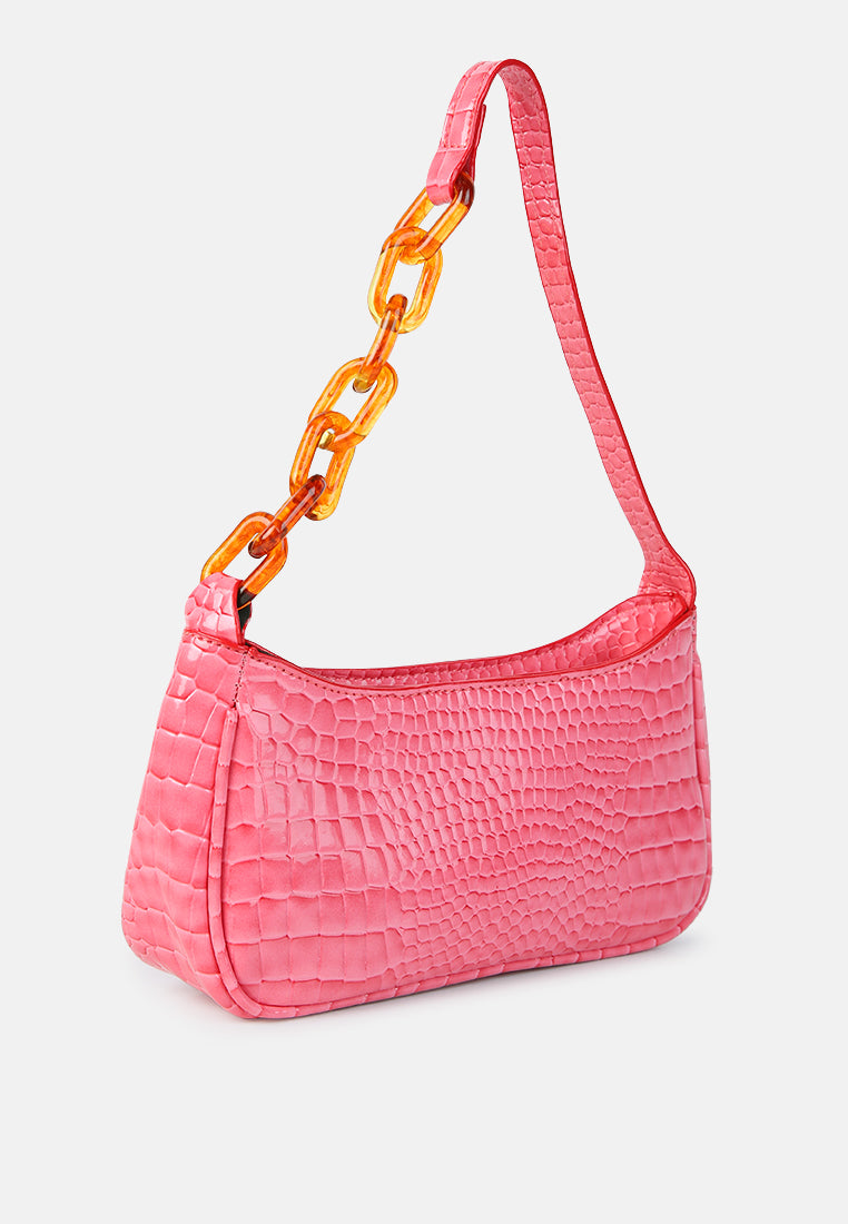 croc patterned baguette#color_pink