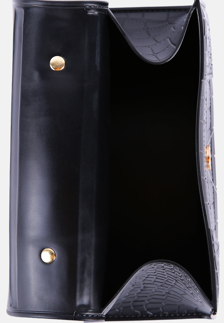croc textured mini handbag#color_black