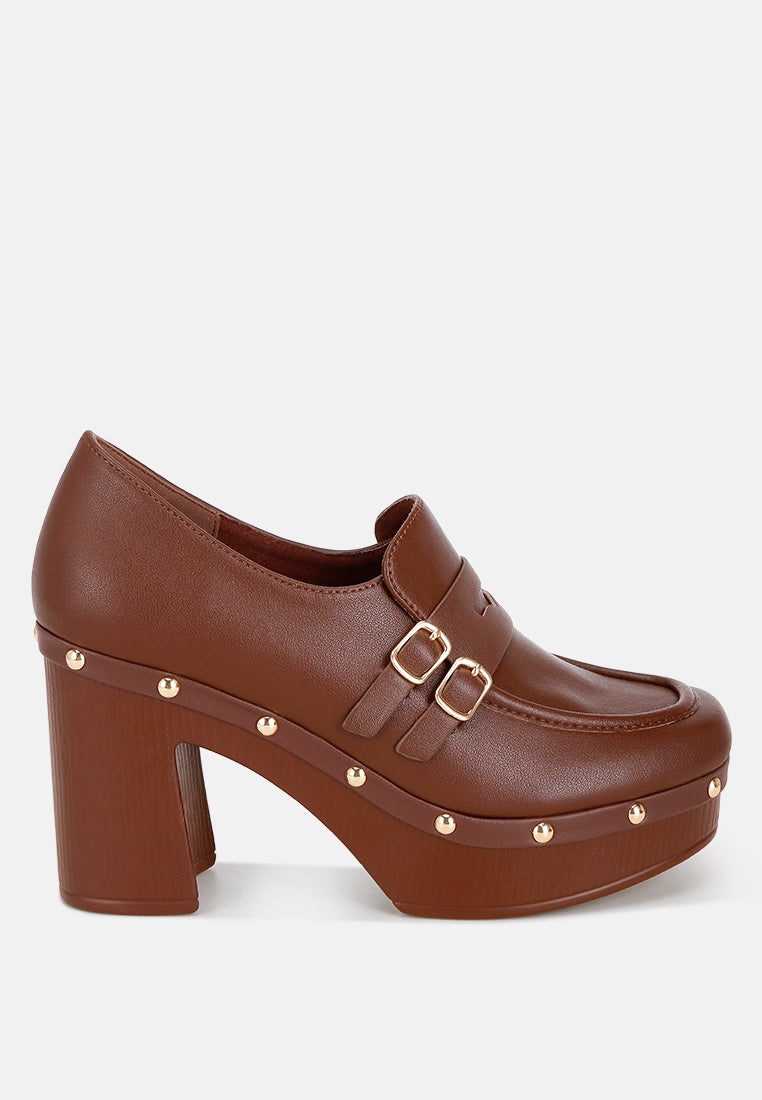 dantan block heel platform loafers#color_brown