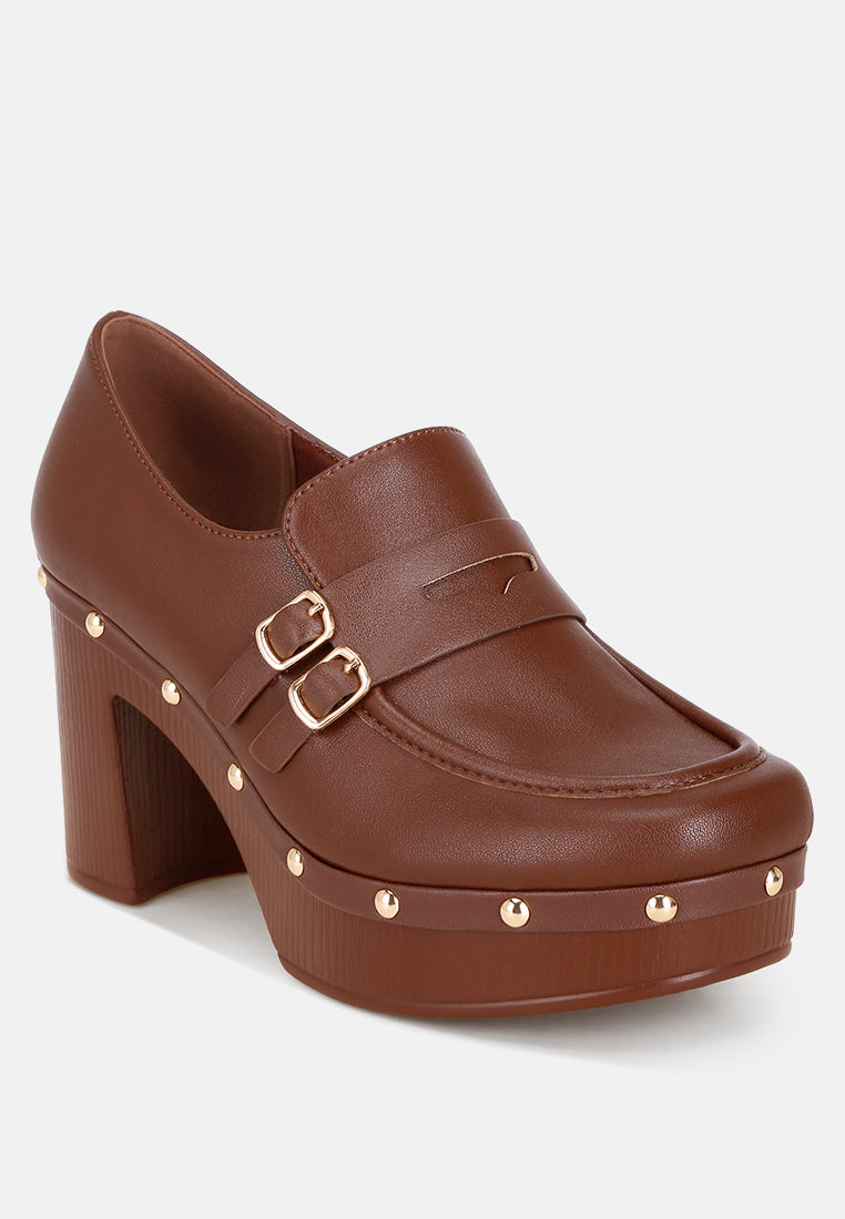 dantan block heel platform loafers#color_brown