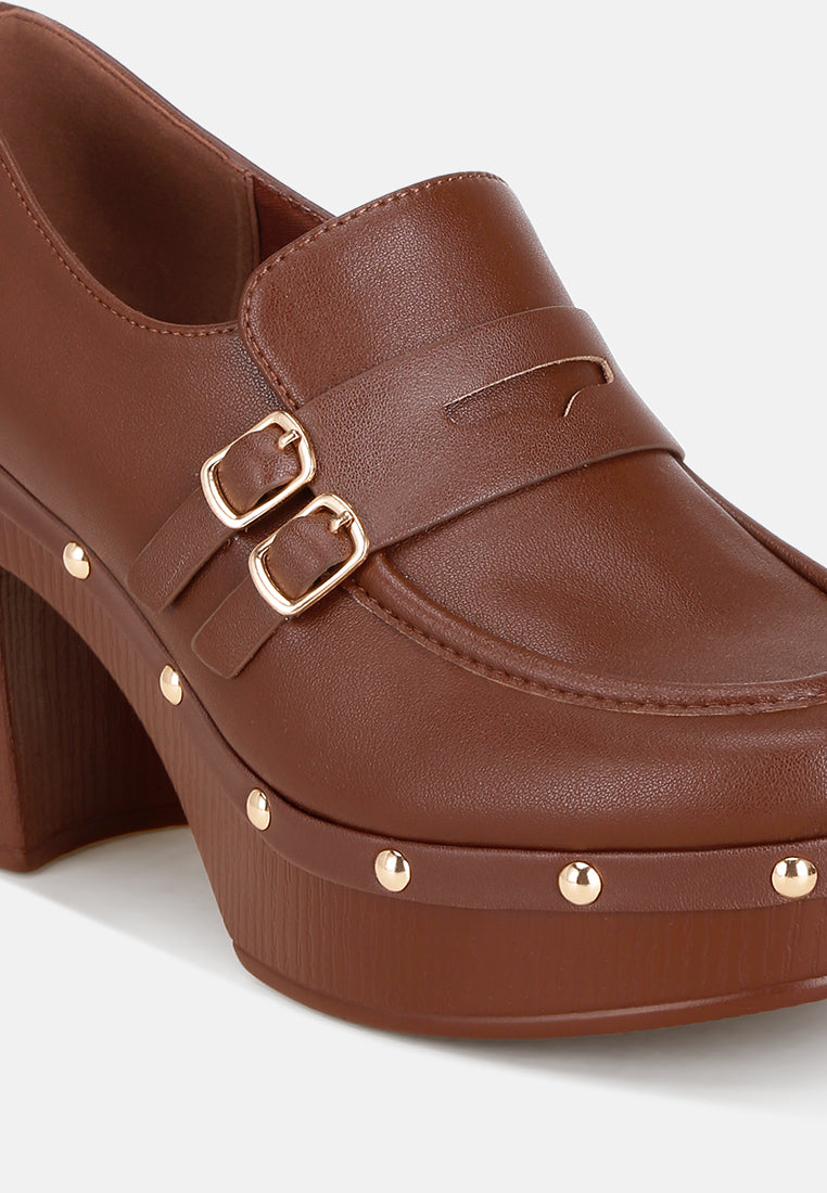 dantan block heel platform loafers#color_brown