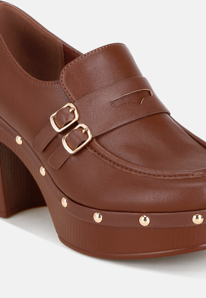 dantan block heel platform loafers#color_brown