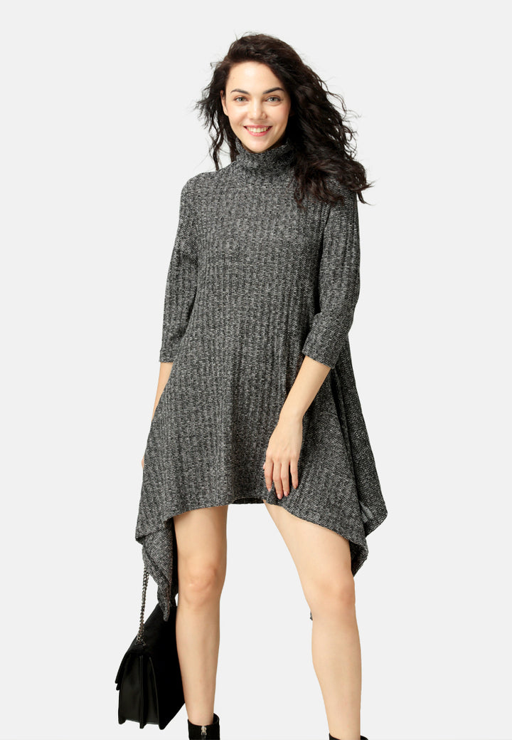 long sleeve irregular hem sweater dress#color_dark-grey