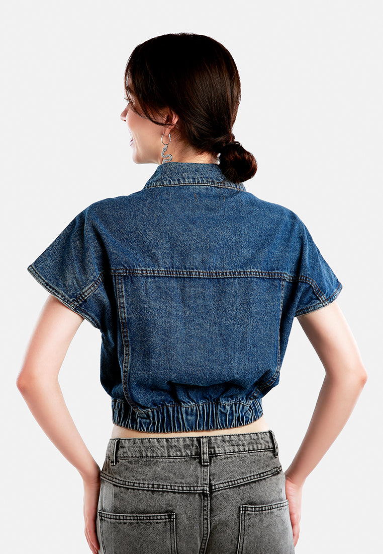 drop shoulder sleeves cropped denim vest#color_mid-blue