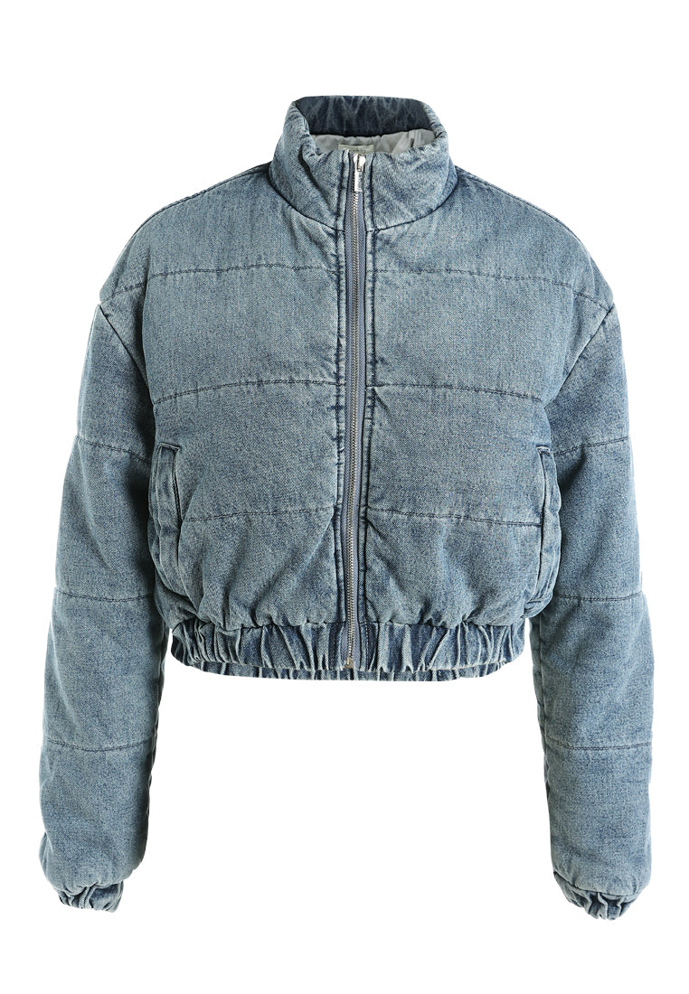 denim puffer short jacket by ruw#color_mid-wash
