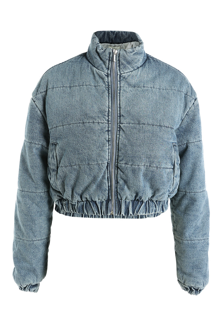 denim puffer short jacket by ruw#color_mid-wash