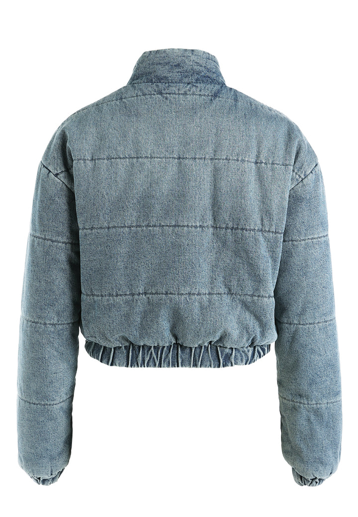 denim puffer short jacket by ruw#color_mid-wash
