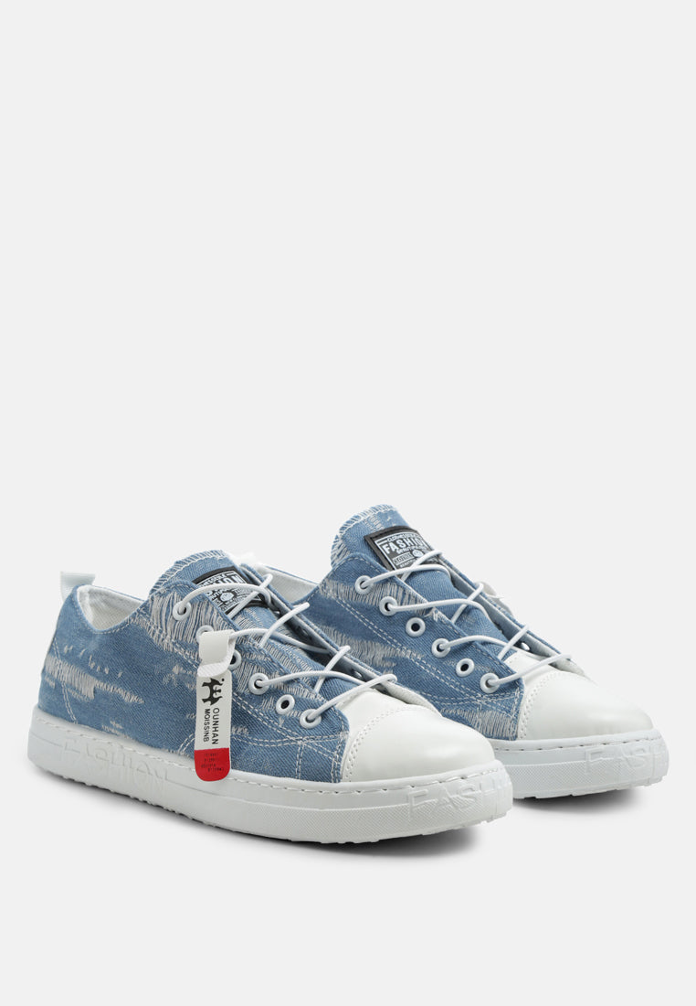 men's distressed denim lace-up casual sneakers#color_blue