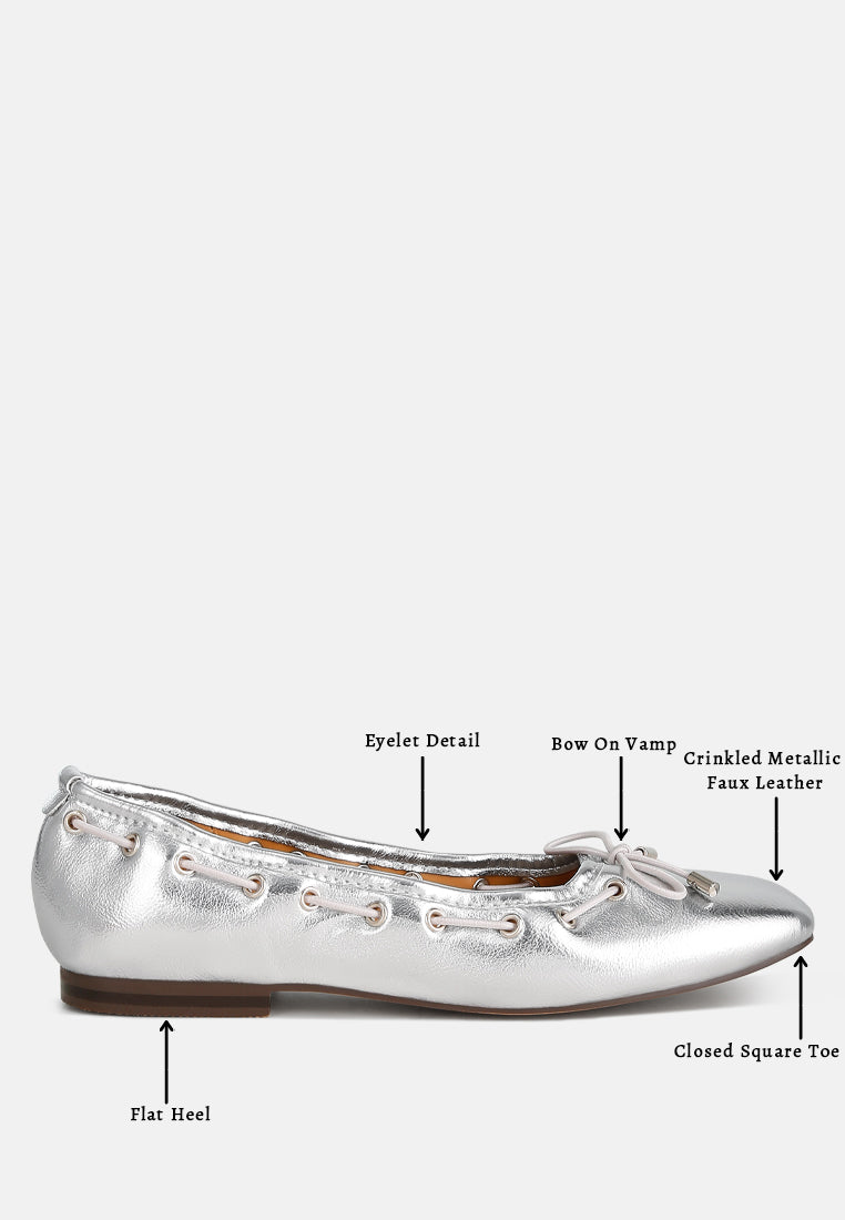 metallic eyelet detail bow ballerinas by ruw color_silver