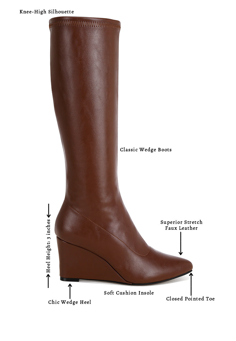 pointed toe stretchable wedge boots#color_brown-smooth