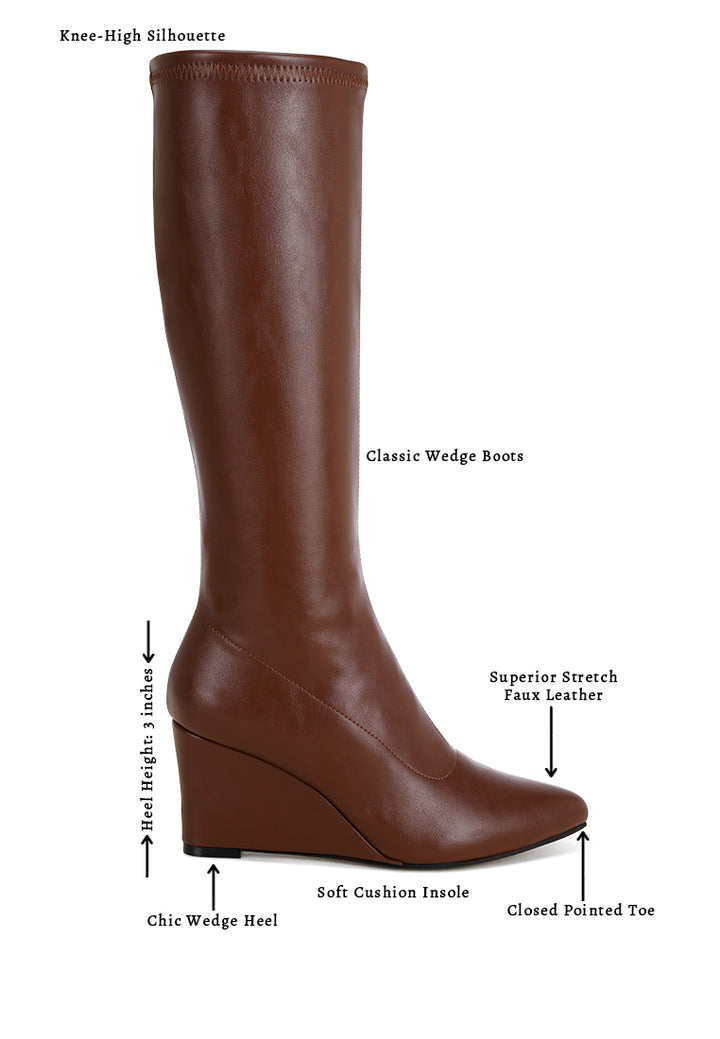 pointed toe stretchable wedge boots#color_brown-smooth