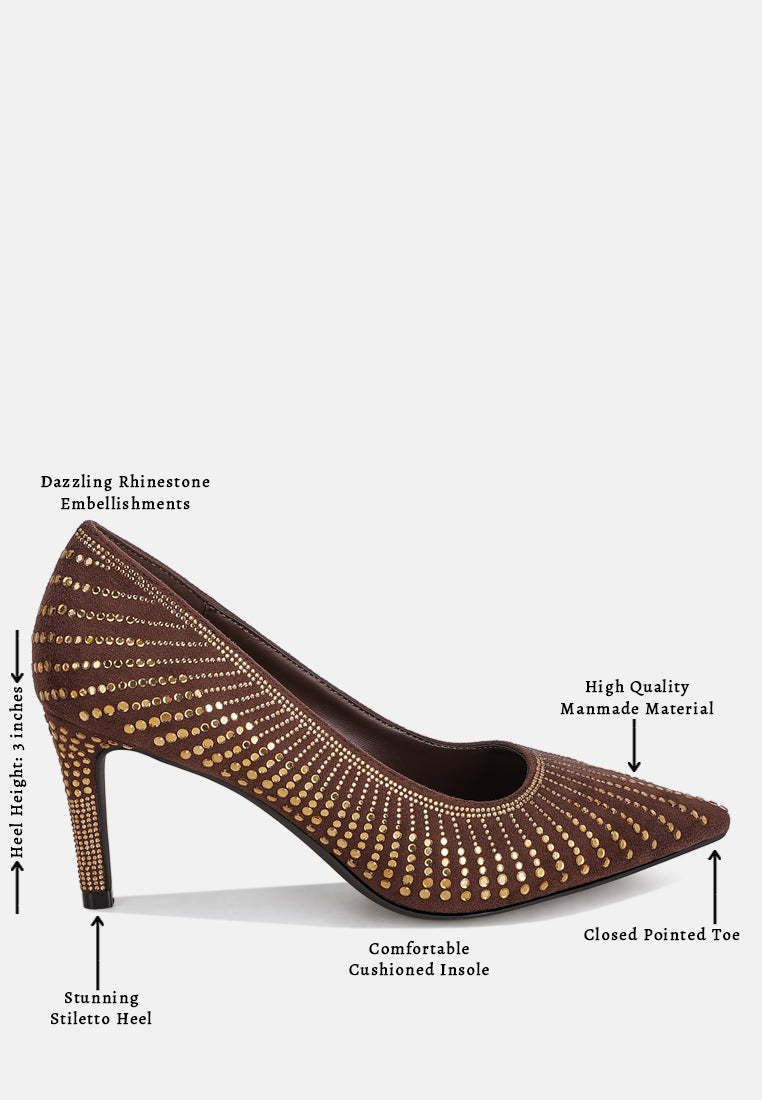 pitchers rhinestone embellished stiletto heels#color_brown-suede