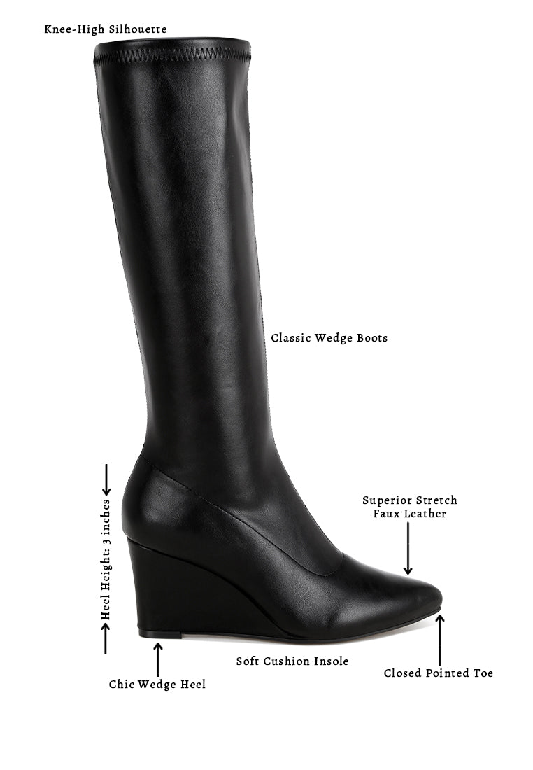 pointed toe stretchable wedge boots#color_black-smooth