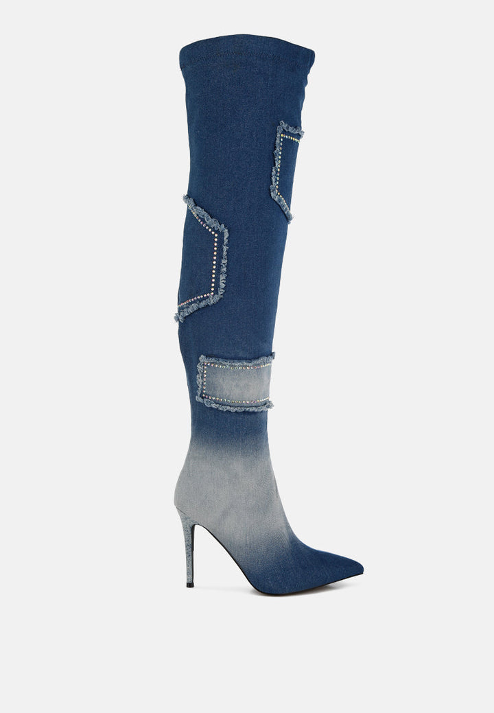 rhinestones knee high denim boots by ruw#color_dark-blue