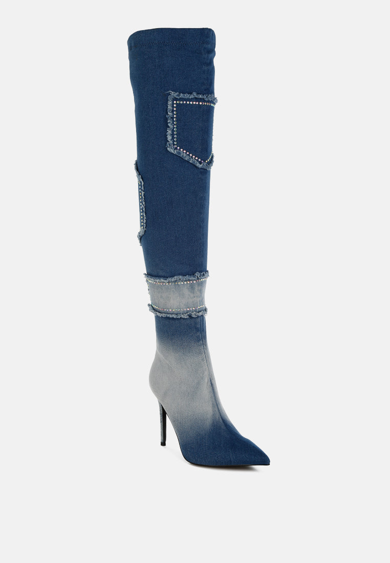 rhinestones knee high denim boots by ruw#color_dark-blue