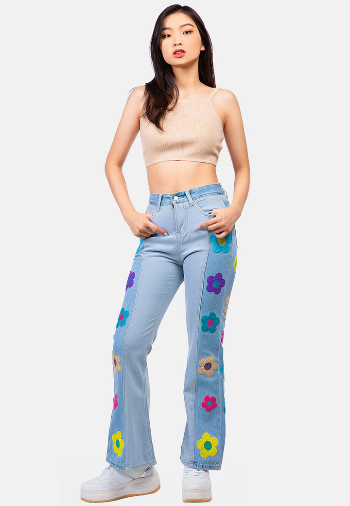 embroidered daisy paneled jeans pants#color_blue