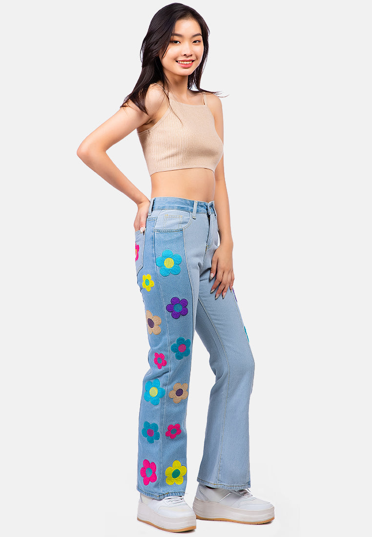 embroidered daisy paneled jeans pants#color_blue