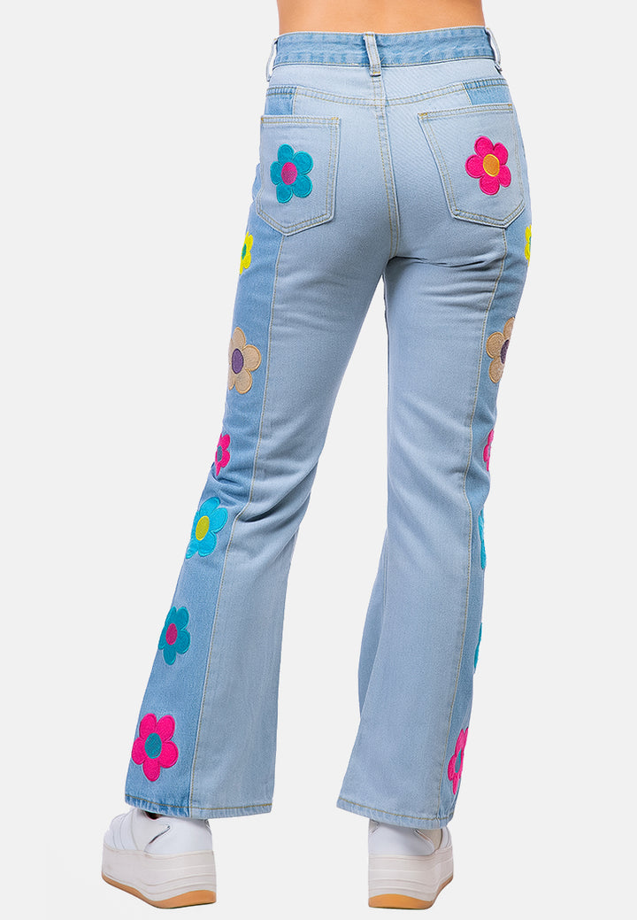 embroidered daisy paneled jeans pants#color_blue