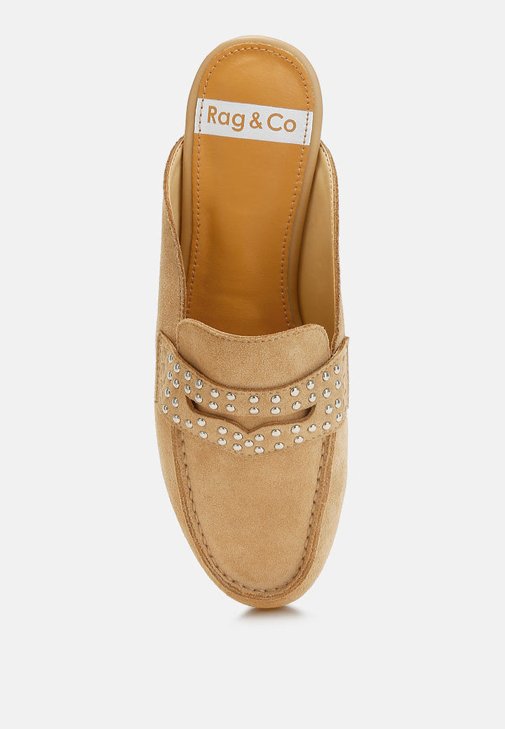 stud embellished penny strap mules by ruw#color_beige