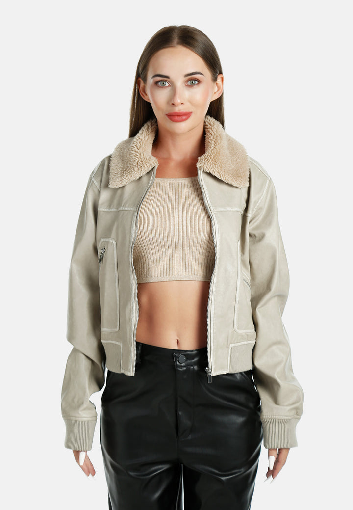 faux fur contrast collar cropped jacket by ruw#color_stone