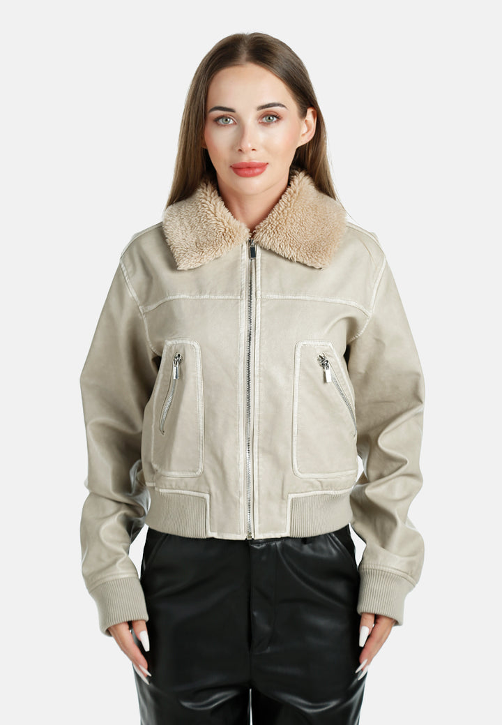 faux fur contrast collar cropped jacket by ruw#color_stone