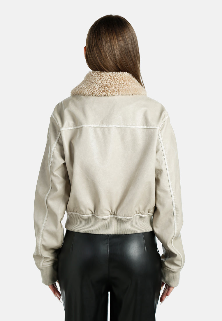 faux fur contrast collar cropped jacket by ruw#color_stone