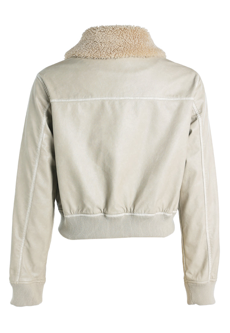 faux fur contrast collar cropped jacket by ruw#color_stone