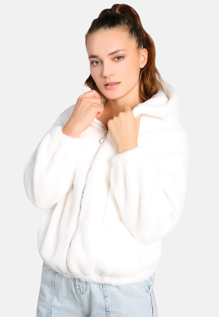 faux fur long sleeve hoodie jacket#color_cream