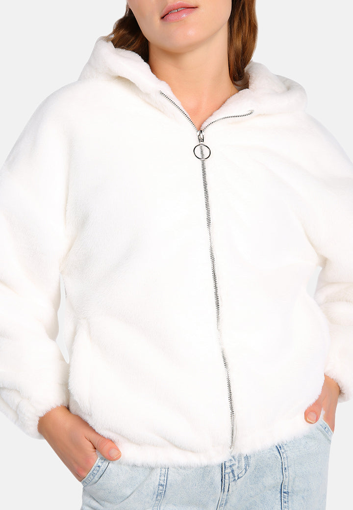 faux fur long sleeve hoodie jacket#color_cream