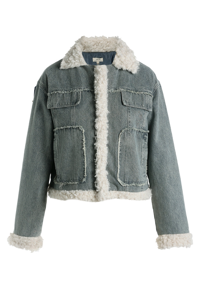 faux fur trim denim jacket by ruw#color_mid-wash