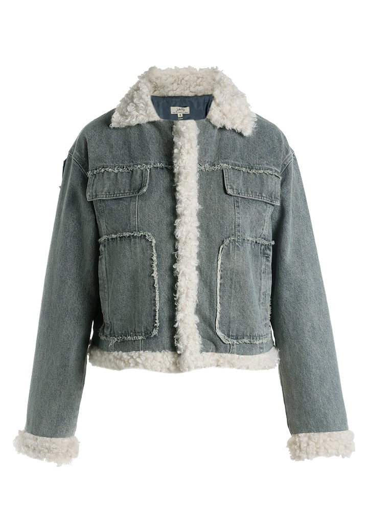faux fur trim denim jacket by ruw#color_mid-wash