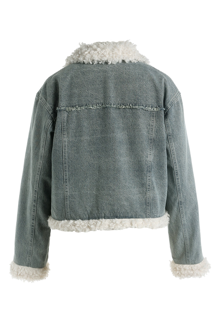 faux fur trim denim jacket by ruw#color_mid-wash