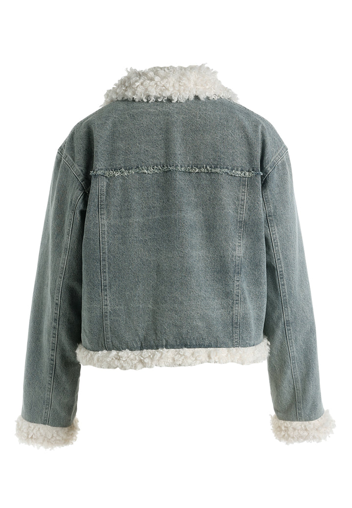faux fur trim denim jacket by ruw#color_mid-wash