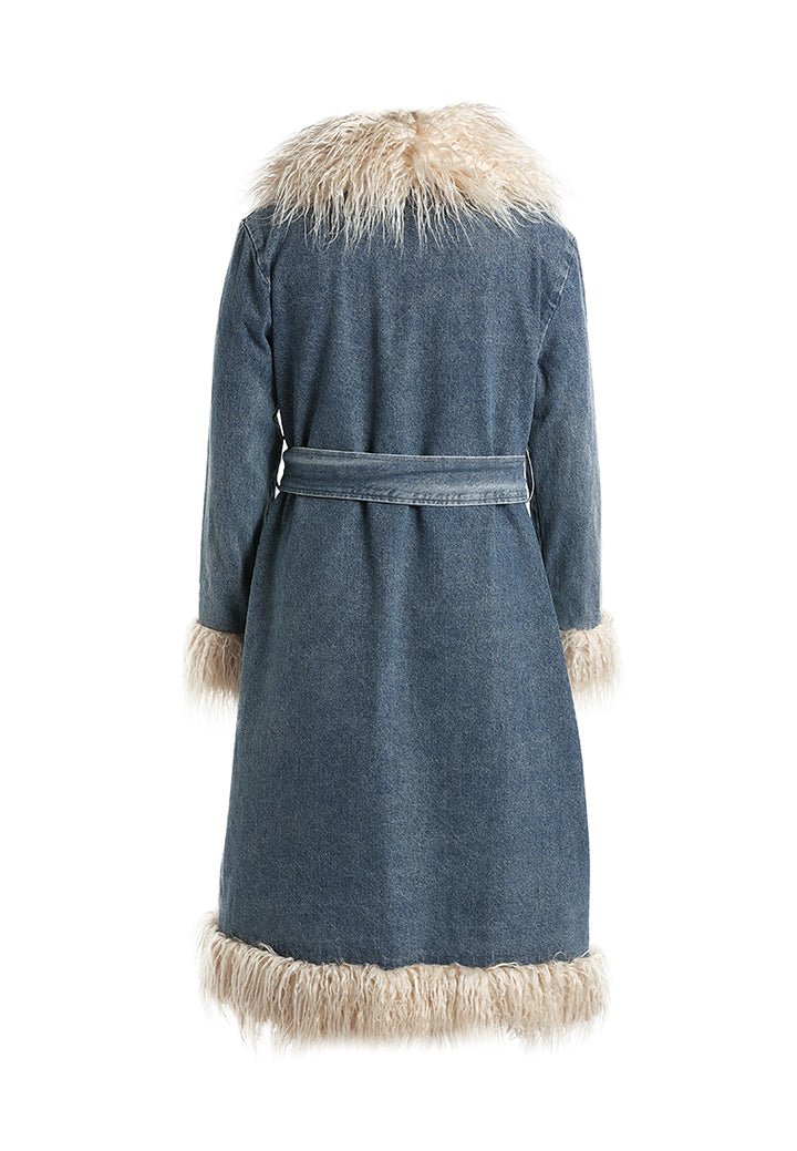faux fur trim denim trench coat by ruw#color_light-wash