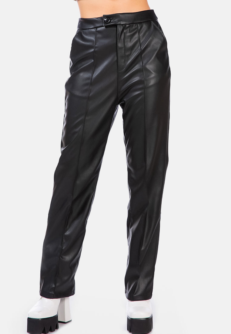 faux leather pleated high waist trousers#color_black