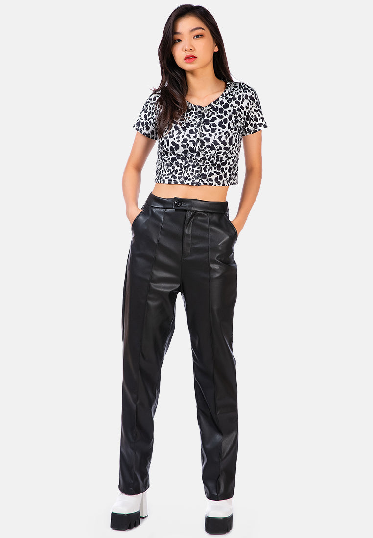 faux leather pleated high waist trousers#color_black