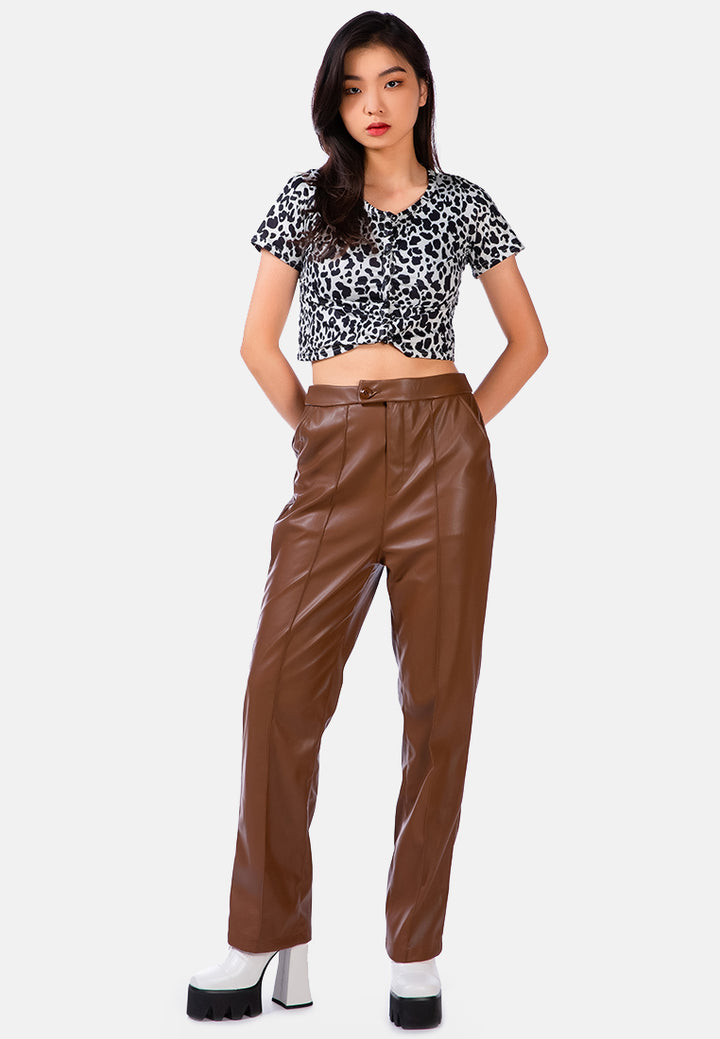 faux leather pleated high waist trousers#color_chocolate