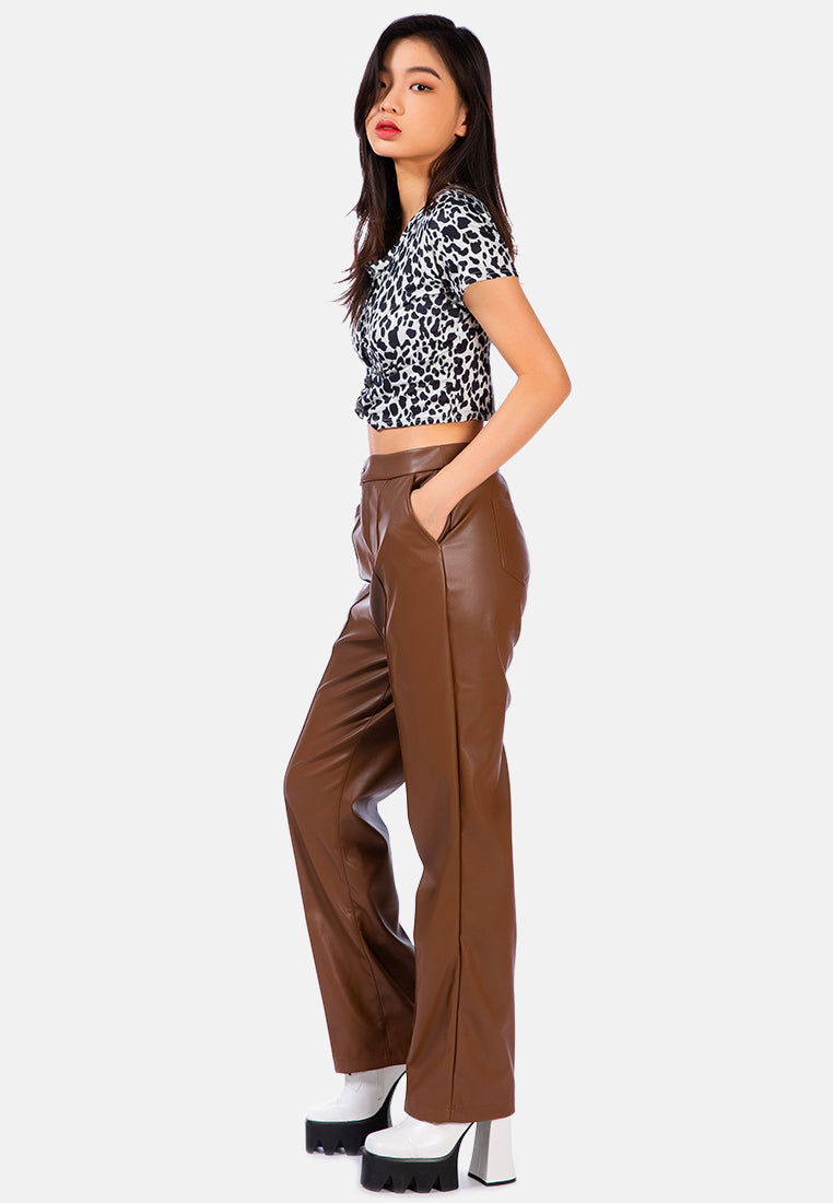 faux leather pleated high waist trousers#color_chocolate