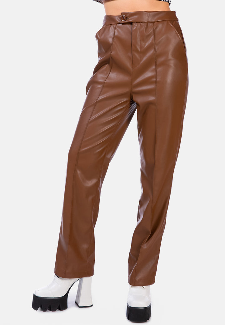 faux leather pleated high waist trousers#color_chocolate