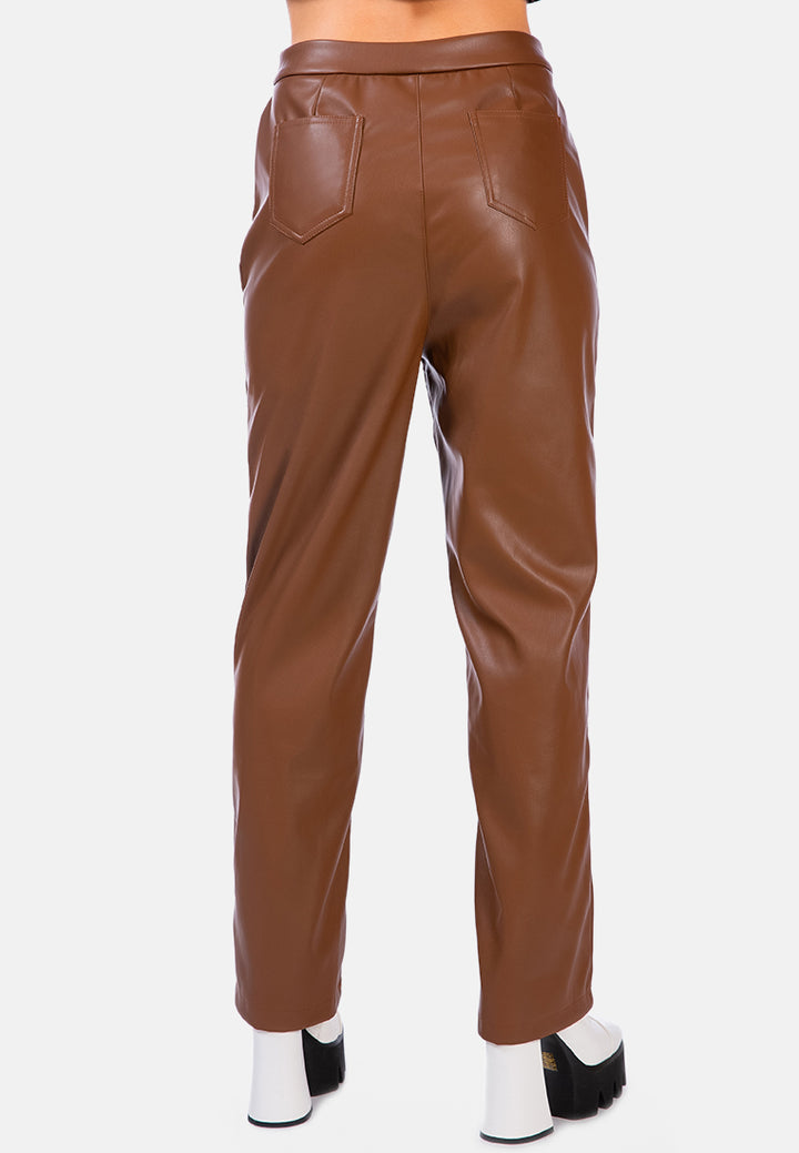 faux leather pleated high waist trousers#color_chocolate